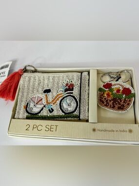 Beaded Bicycle Coin Purse and Floral Keychain Set - Coral Tassel